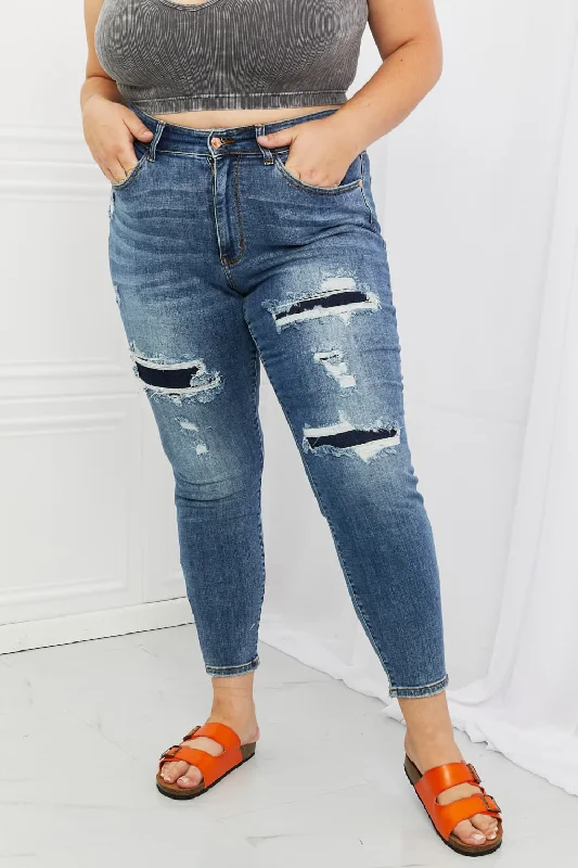 Judy Blue Dahlia Full Size Distressed Patch Jeans Comfortable Dark Wash Jeans