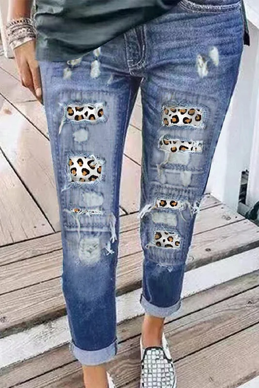 Leopard Print Ripped Jeans Chic Vintage-Inspired Denim Jeans