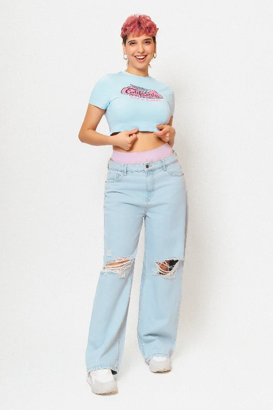 Blue Light Distressed Wide Jeans Stylish High-Rise Mom Jeans