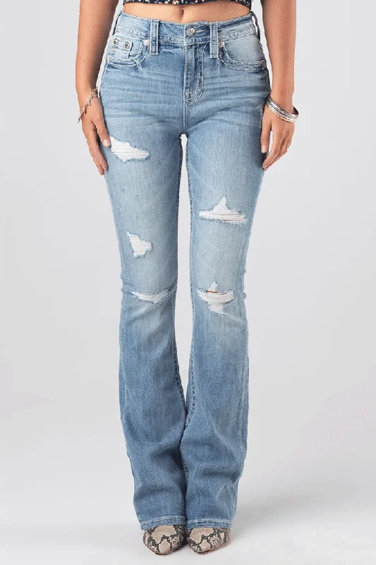 Miss Me H3636B42 Womens Classic Torn Bootcut Jeans Light Blue Comfortable Full-Length Denim Jeans