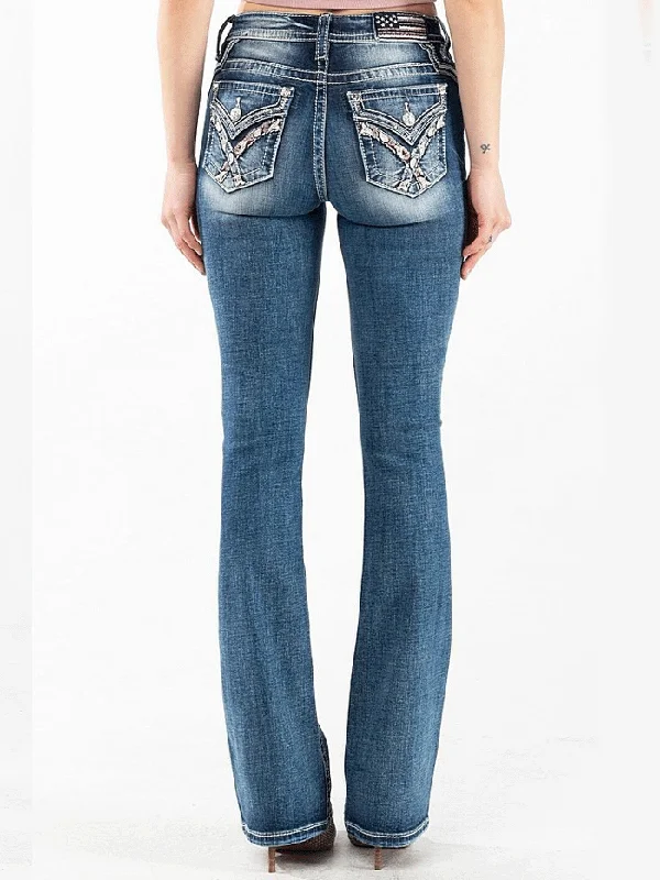 Miss Me M3444B70 Womens Paisley Bootcut Jeans Dark Blue Stylish High-Rise Mom Jeans