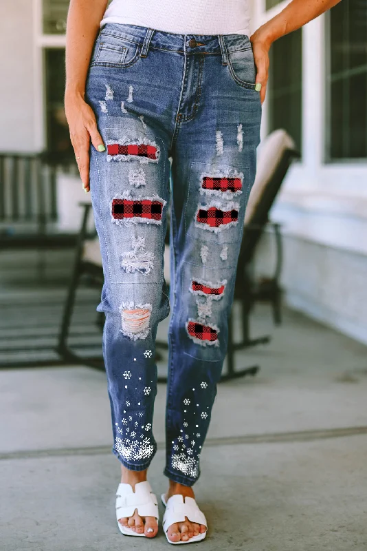 Plaid Snow Graphic Distressed Jeans Chic Vintage-Inspired Denim Jeans