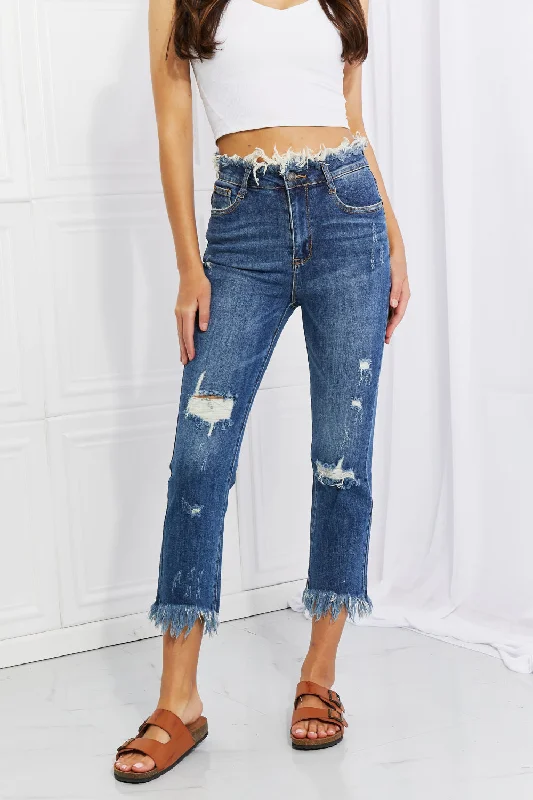 RISEN Full Size Undone Chic Straight Leg Jeans Chic Rip-Detail High-Waist Jeans