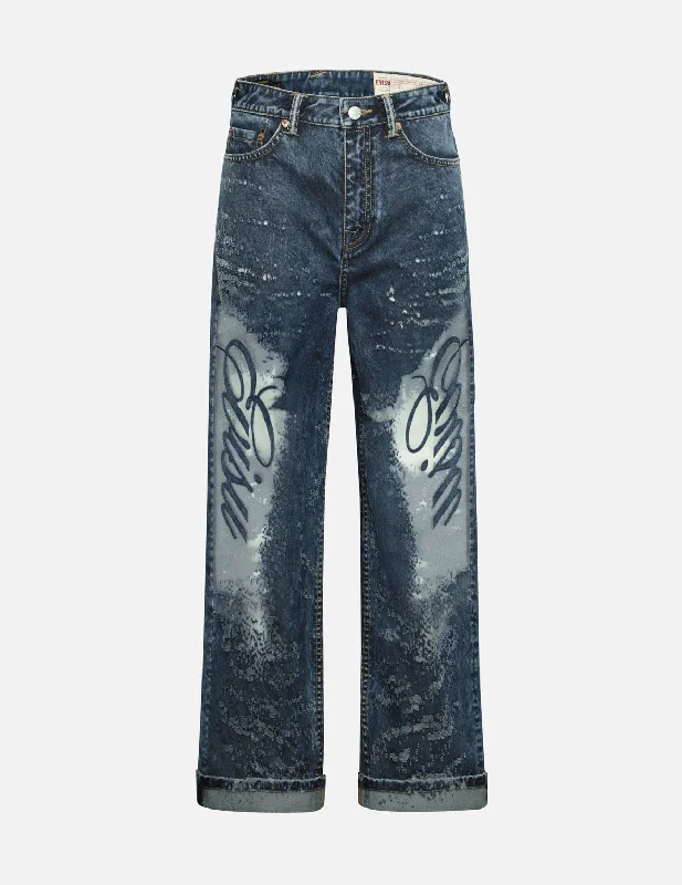 Seagull Embroidery and Laser-burned Wide-leg Jeans Chic Vintage-Inspired Denim Jeans