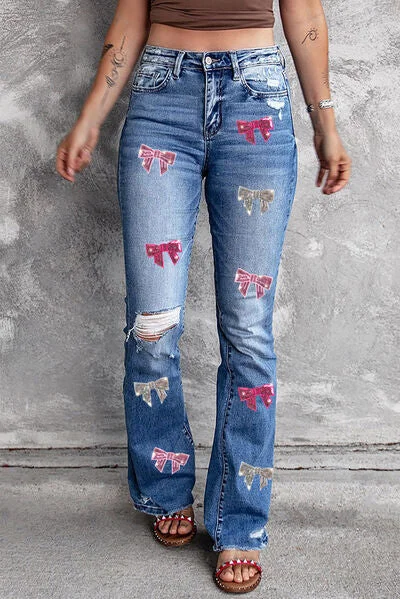 Sequin Bow Distressed Bootcut Jeans Comfortable Faded High-Rise Jeans