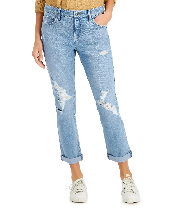 Style & Co Womens Rolled Cuff Denim Girlfriend Jean Stylish Paperbag Waist Denim