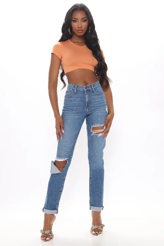 Tall Hometown Cutie Destroyed Mom Jeans - Medium Blue Wash Cozy Relaxed Fit Denim Jeans