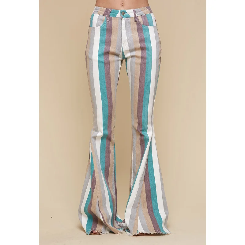 Turquoise Multi Striped Flare Jeans Trendy Skinny Fit Jeans