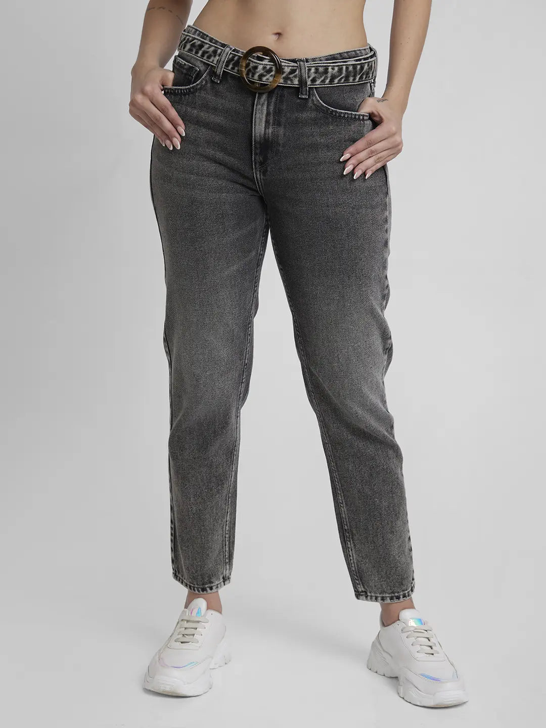 Spykar Women Charcoal Grey Cotton Mom Fit Ankle Length Clean Look Jeans -(Amora) Fashionable Vintage Wash Jeans