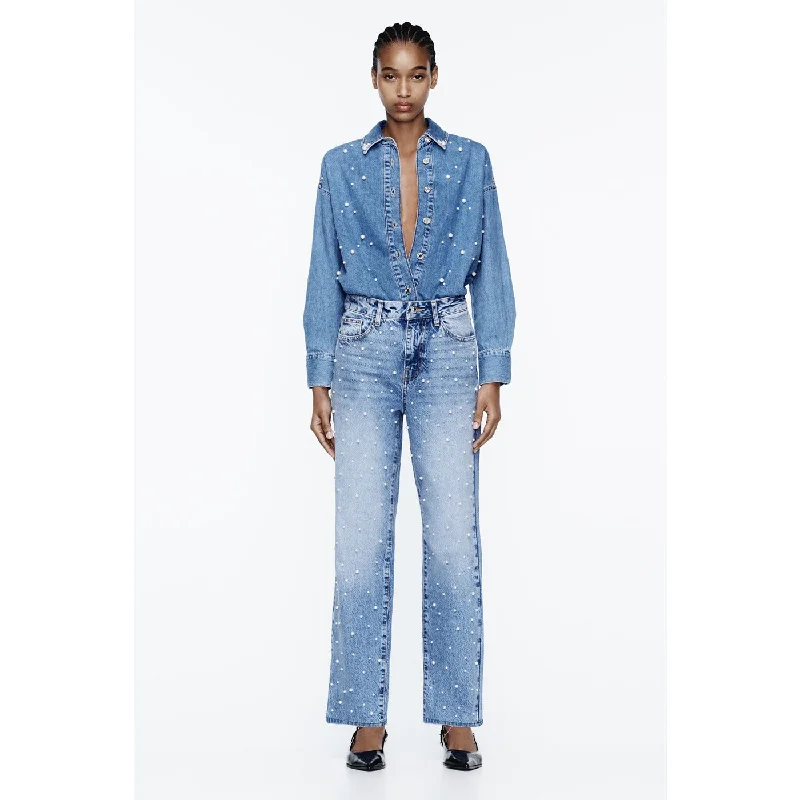 Light Blue Straight Pearl Jeans Fashionable Slouchy Fit Jeans