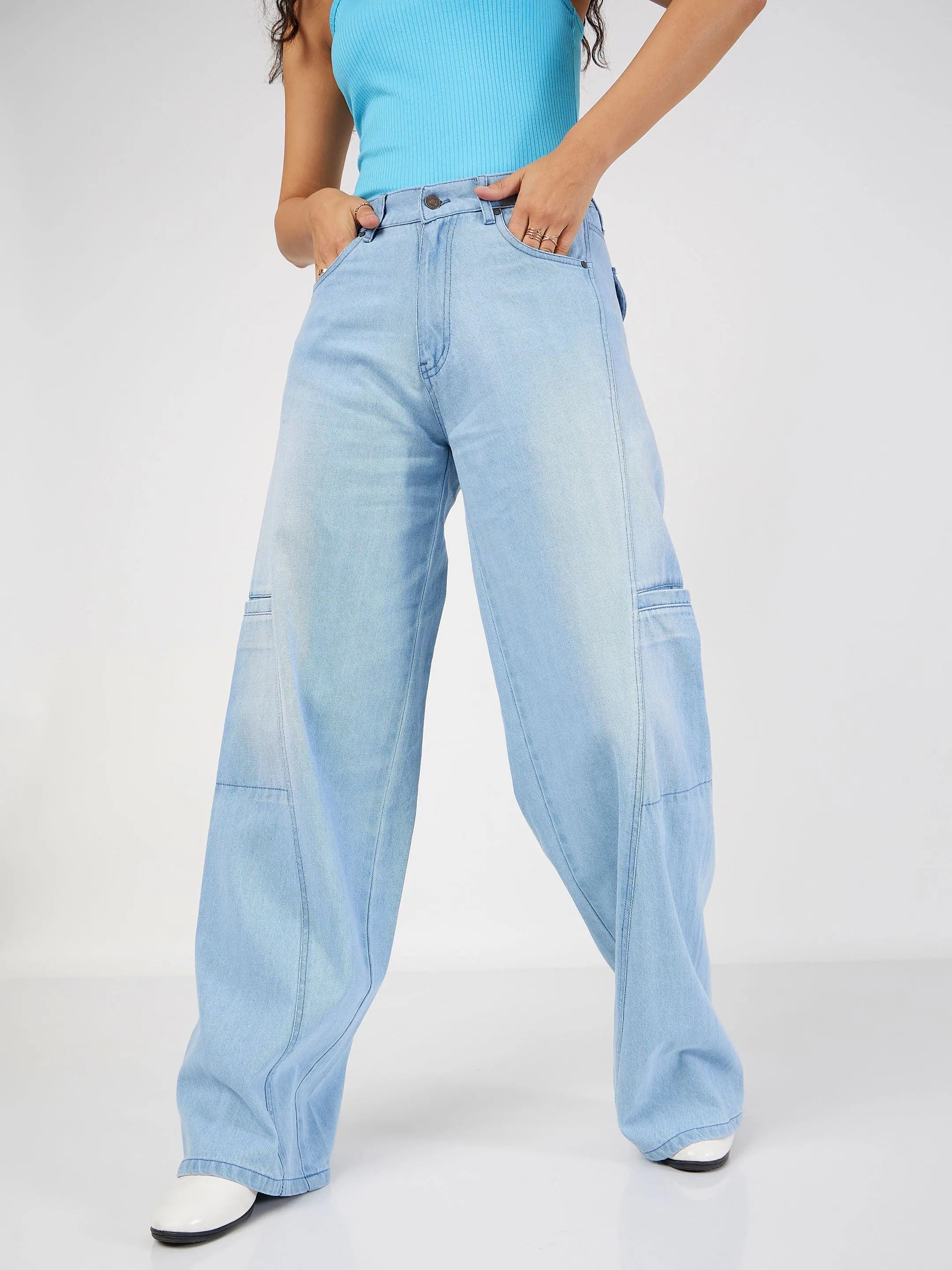 Women Ice Blue Wide Leg Jeans Trendy Plus Size Jeans