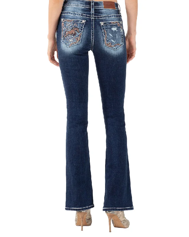 Women's Embroidered Medium Wash Mid-Rise Bootcut Jeans Chic Faded Blue Jeans