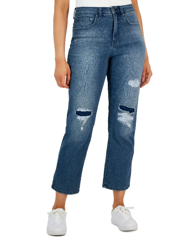 Women's High-Rise Cropped Mom Jeans Stylish Bootcut Denim Jeans