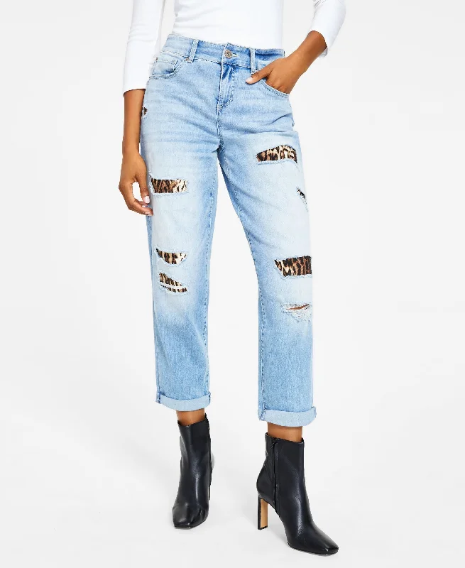 Women's High Rise Ripped Leopard Boyfriend Jeans Comfortable Distressed Straight-Leg Jeans