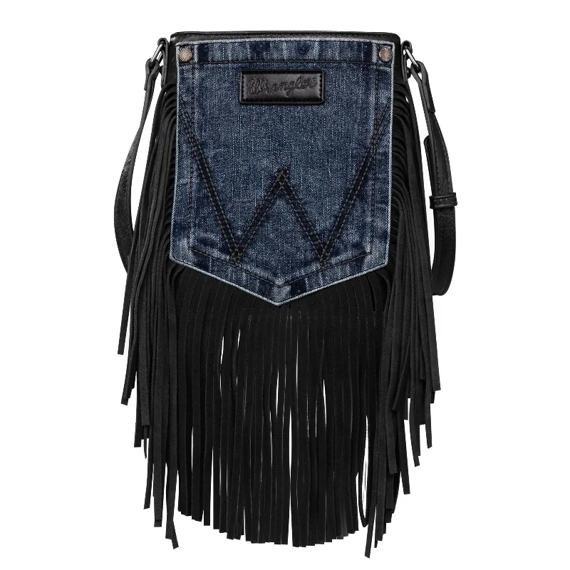 Wrangler Leather Fringe Jean Denim Pocket Crossbody - Black Chic Double Waistband Jeans