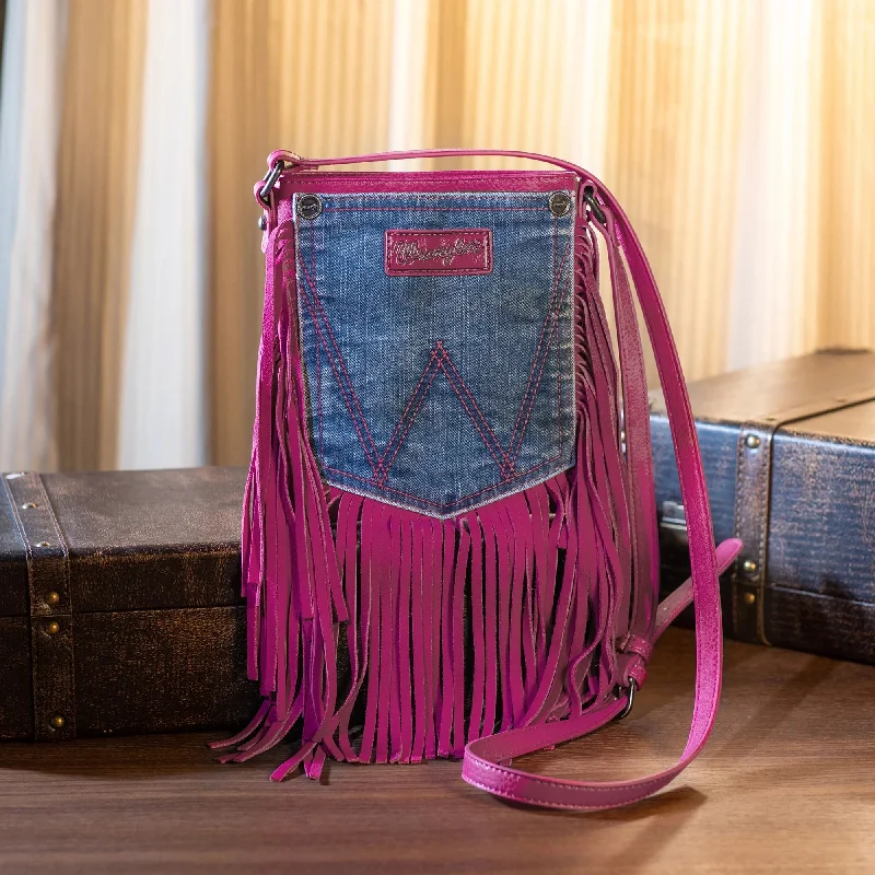 Wrangler Leather Fringe Jean Denim Pocket Crossbody - Hot Pink Casual Skinny Fit Jeans