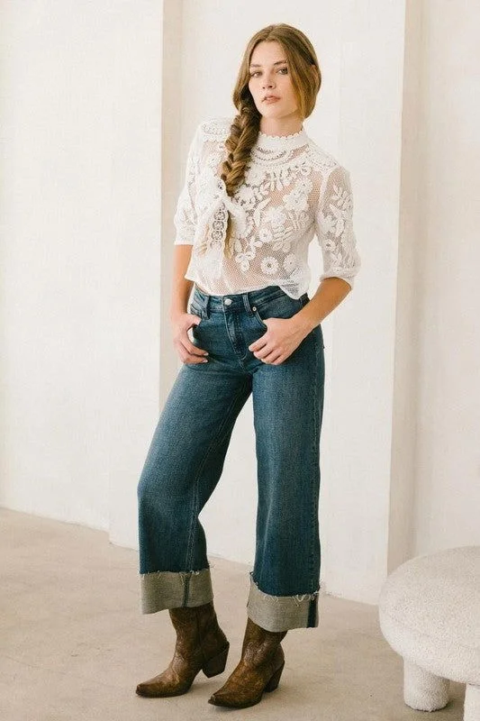 Artemis Vintage Tummy Control High Rise Cuffed A Wide Leg Jeans Elegant Bootcut Fit Jeans