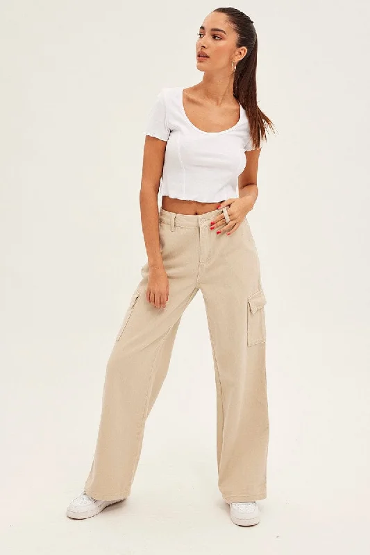 Beige Cargo Denim Jeans High Rise Trendy Low-Rise Slim Jeans