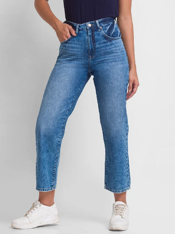Spykar Mid Blue Cotton Straight Fit Regular Length Jeans For Women Elegant Skinny Leg Jeans