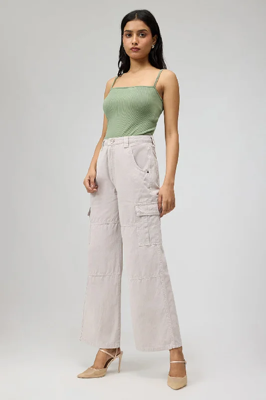 Ivory Essentials Cargo Denim Jeans Fashionable Button-Front Jeans