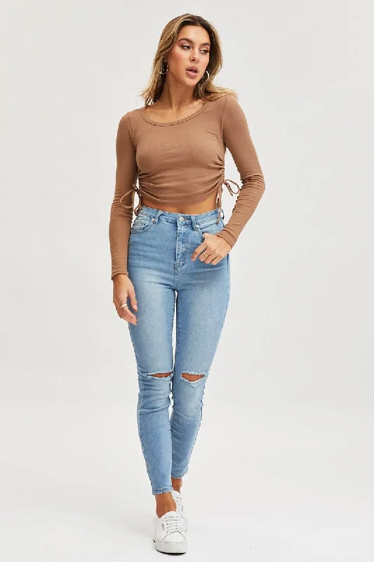 Blue High Rise Knee Slash Skinny Denim Jean Trendy Layered Pocket Jeans