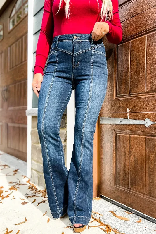 High Rise Medium Wash Flare Jeans Fashionable Cropped Denim Jeans