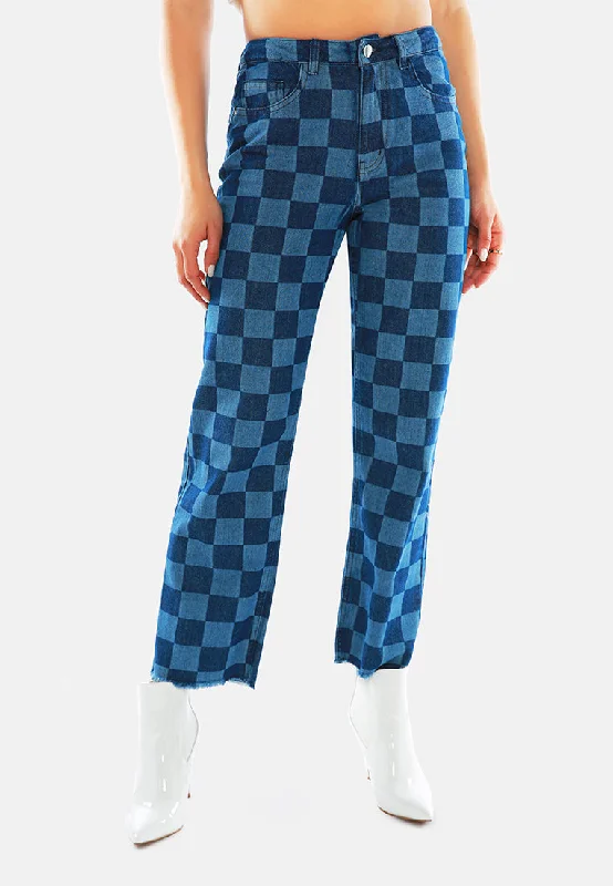 Blue Wide Leg Checkered Jeans Pants Casual Distressed Denim Jeans