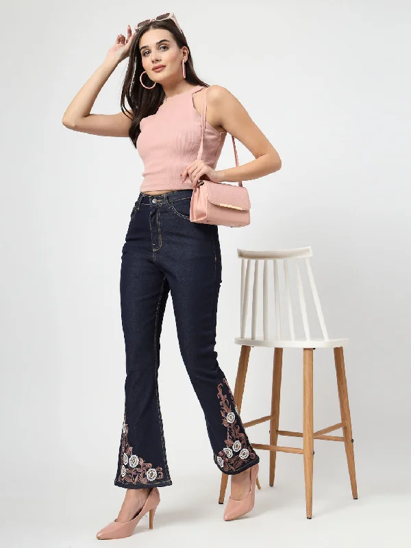 Bootcut High-Rise Embroidered Stretchable Jeans Trendy Colored Denim Jeans