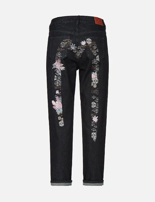 Brocade and Floral-pattern Daicock Embroidery Relax-Cut Jeans Stylish Slim Fit Denim
