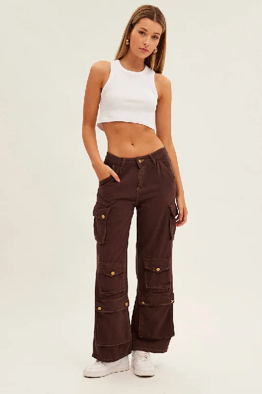 Brown Denim Cargo Jeans Elegant Raw Hem Jeans