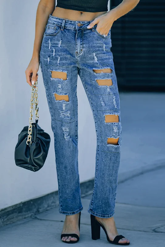 Mid-Rise Straight Leg Factory Distressed Jeans Denim Blue Jeans Trendy Wide-Leg High-Waist Denim