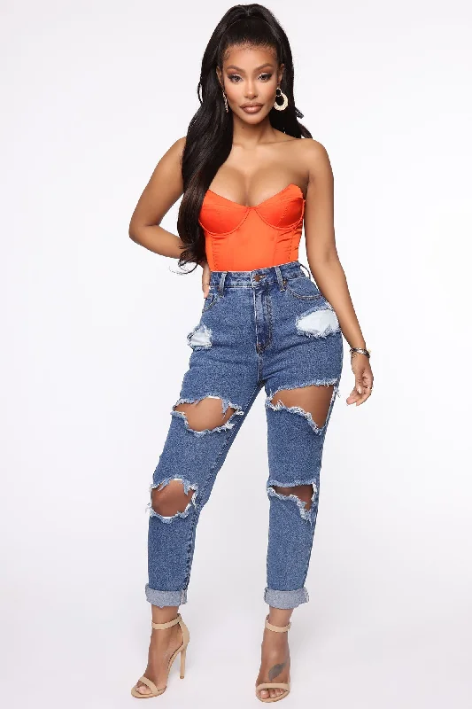 Cara Distressed Boyfriend Jeans - Dark Denim Comfortable Drawstring Waist Jeans