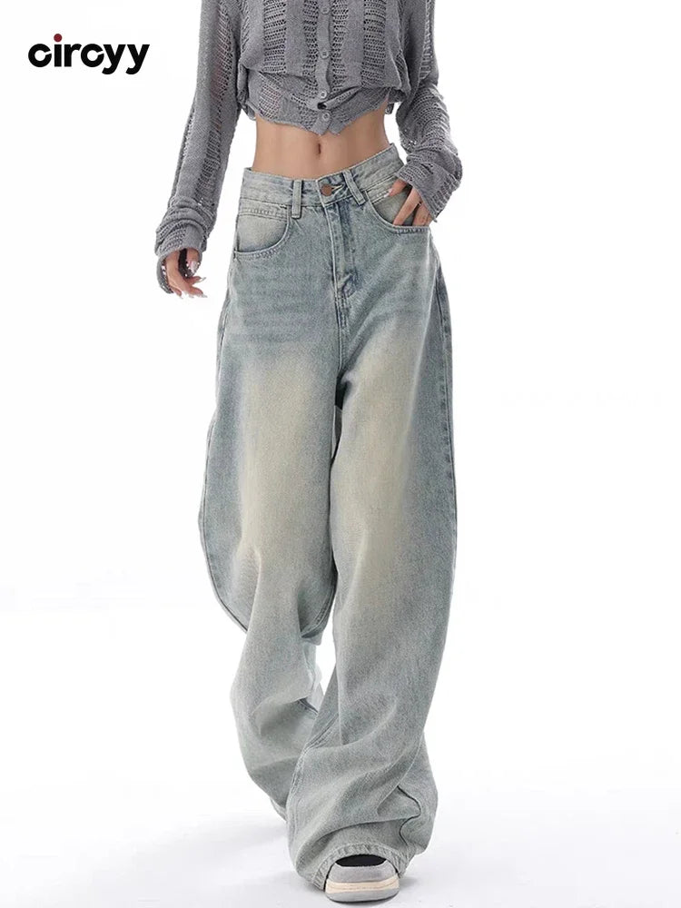 Waisted Jeans Women Autumn Button Full Length Wide Leg Denim Pants Stylish High-Waist Jeans