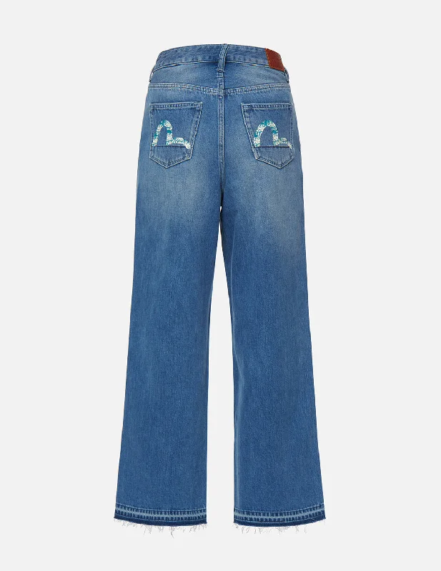 Daruma-pattern Seagull Print High-waist Loost Fit Jeans Casual Straight-Leg Jeans