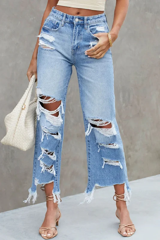 Distressed Raw Hem Jeans with Pockets Stylish Relaxed Fit Skinny Jeans