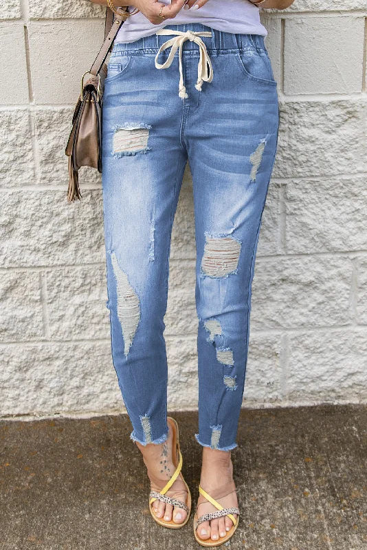Drawstring Distressed Raw Hem Jeans with Pockets Elegant Bootcut Fit Jeans