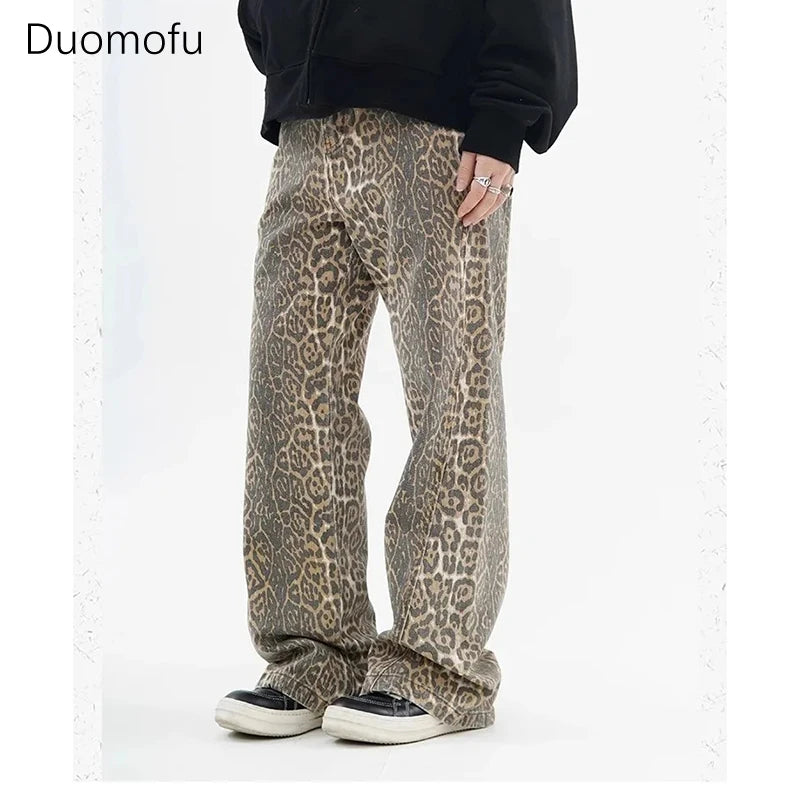 Vintage Leopard Print Jeans Women Casual Hip Pop Wide Leg Trousers Fashionable Slim Fit Jeans