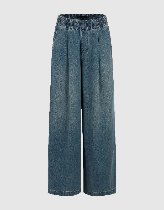 Elastic Waist Wide-Leg Jeans Cozy Tencel Blend Denim Jeans