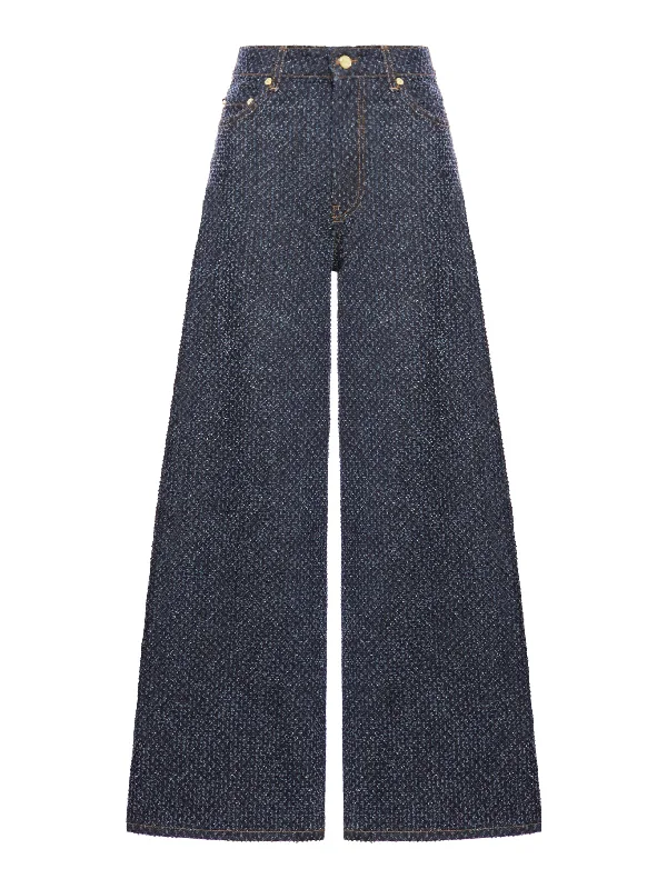 DARK BLUE FLUFFY WIDE JEANS Chic Rip-Detail High-Waist Jeans