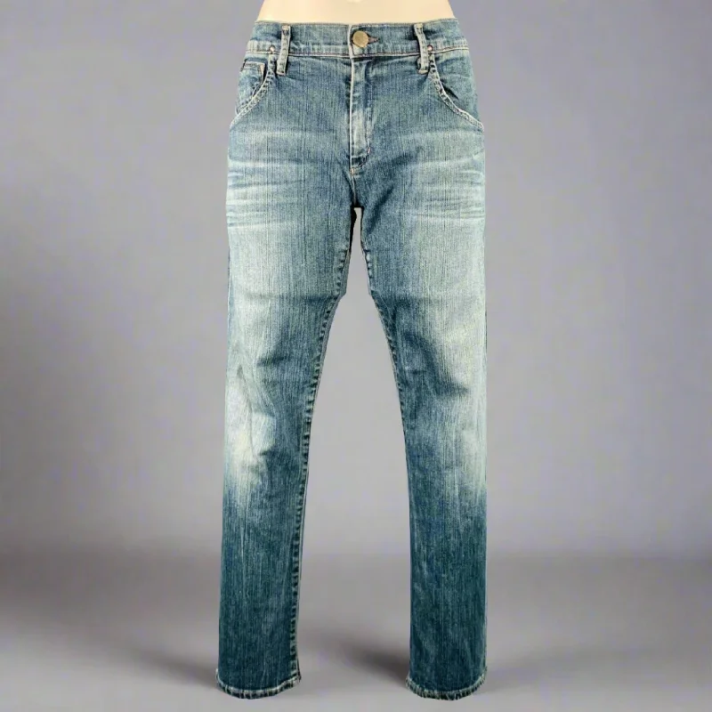 GOLDSIGN Size 30 Blue Cotton Blend Distressed Jeans Elegant High-Waisted Flared Jeans