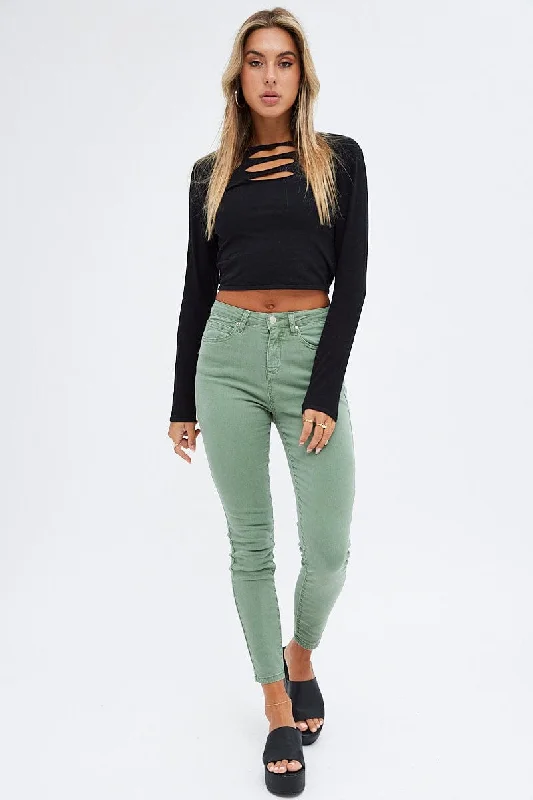 Green Skinny Denim Jeans Mid rise Stylish Cargo Style Jeans
