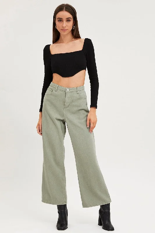 Green Wide Leg Denim Jeans High Rise Fashionable Straight Cut Jeans