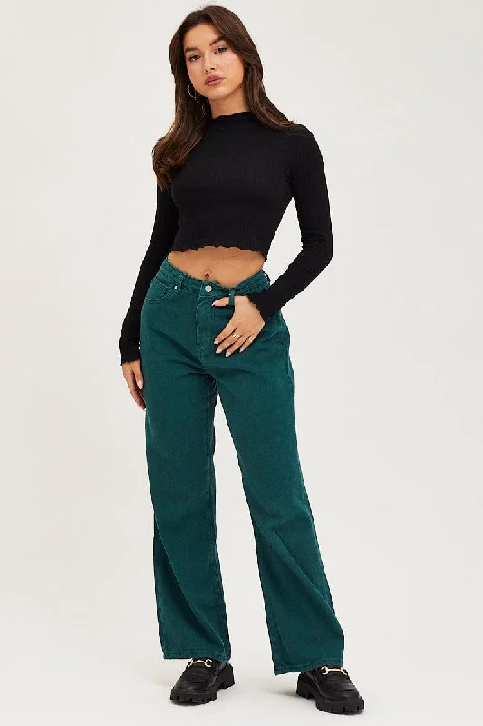 Green Wide Leg Denim Jeans High Rise Fashionable Straight Cut Jeans