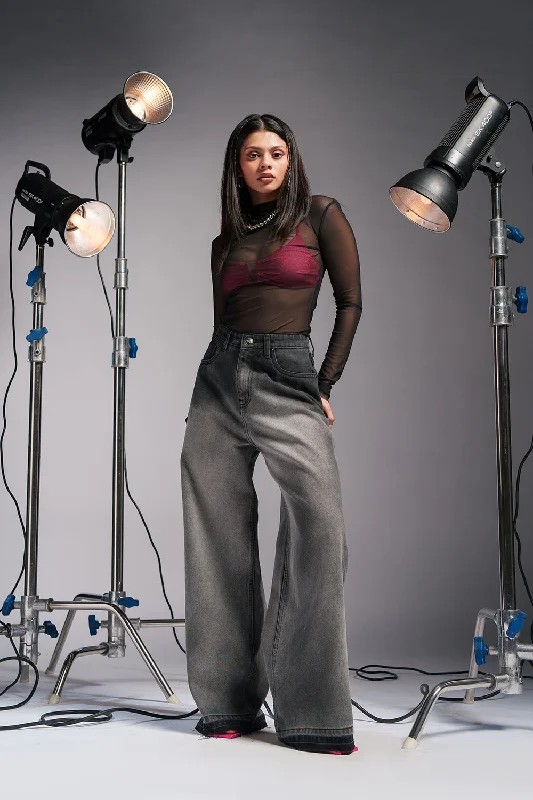 Grey Fusion Wide Leg Jeans Comfortable Low-Rise Jeans