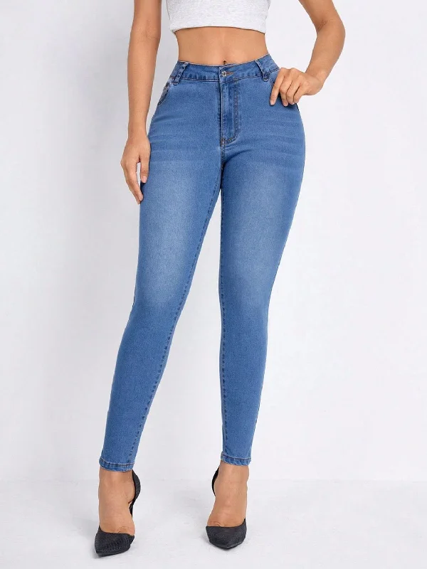 High Rise Skinny Jeans with Pockets Trendy Wide-Leg High-Waist Denim