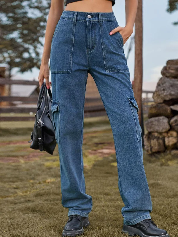 High Waist Cargo Jeans Stylish Shredded Denim Jeans