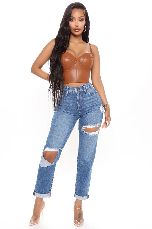 Hometown Cutie Destroyed Mom Jeans - Medium Blue Wash Casual Distressed Skinny Jeans