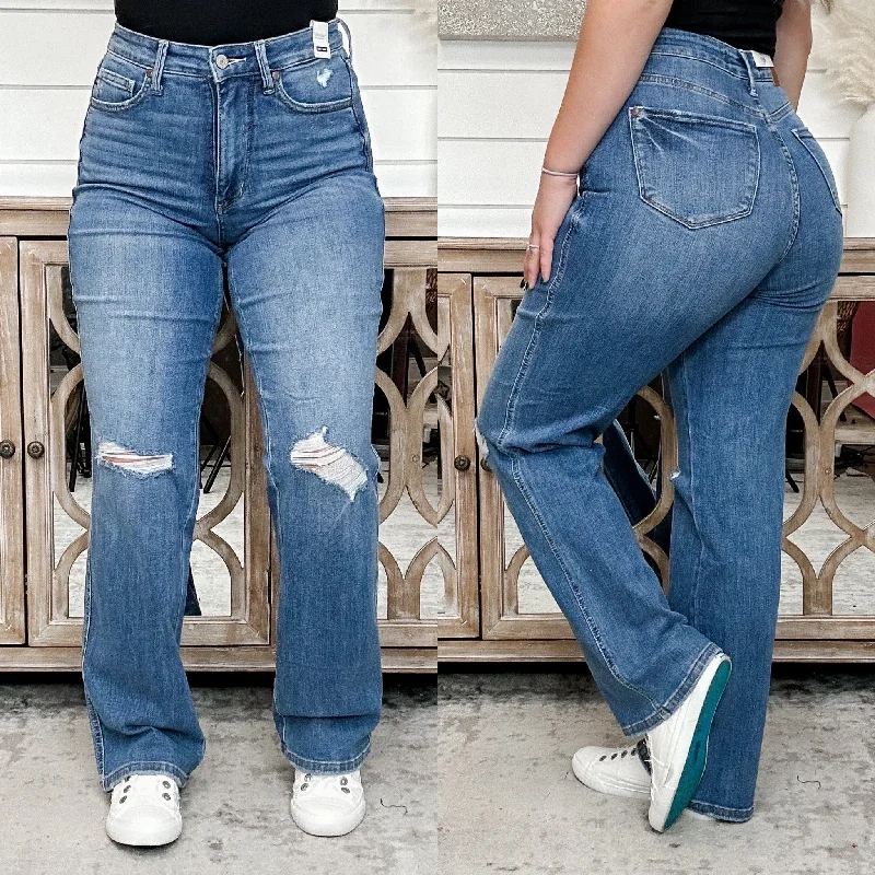 Judy Blue Alani Tummy Control Distressed High Rise Straight Leg Jeans Trendy Pleated Waist Jeans