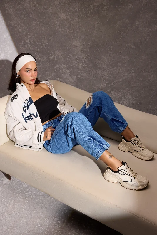 Mid Blue Ripped Straight Jeans Fashionable Cropped Denim Jeans