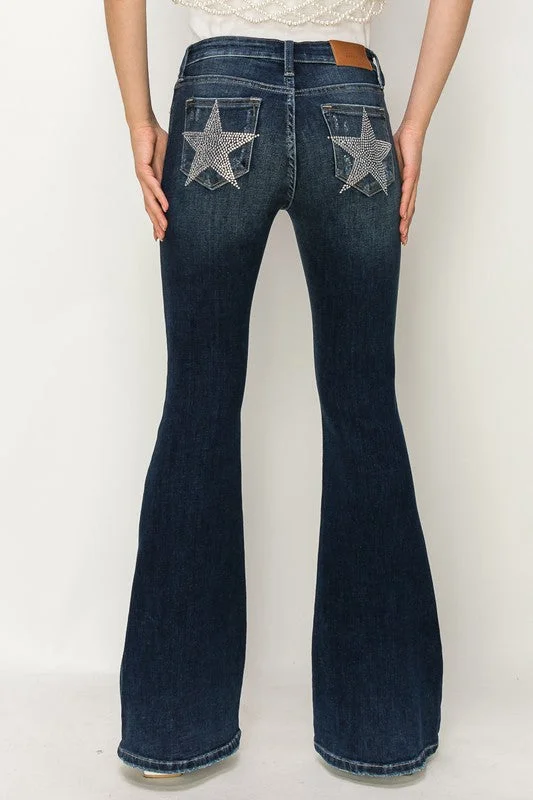 MID RISE FLARE STAR RHINESTONE ON POCKETS JEANS Trendy Plus Size Jeans